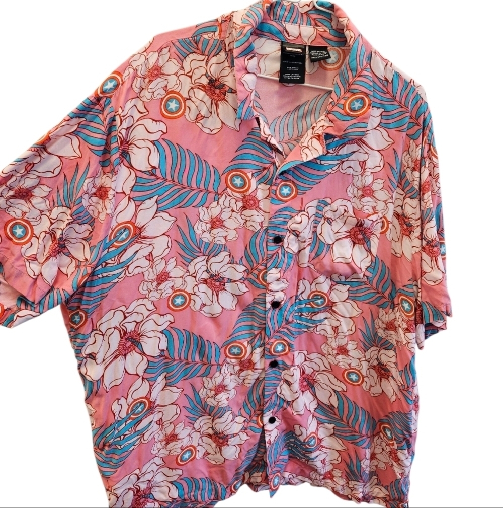 Marvel Captain America Mens Hawaiian Button Down Shirt Pink - Picture 3 of 5